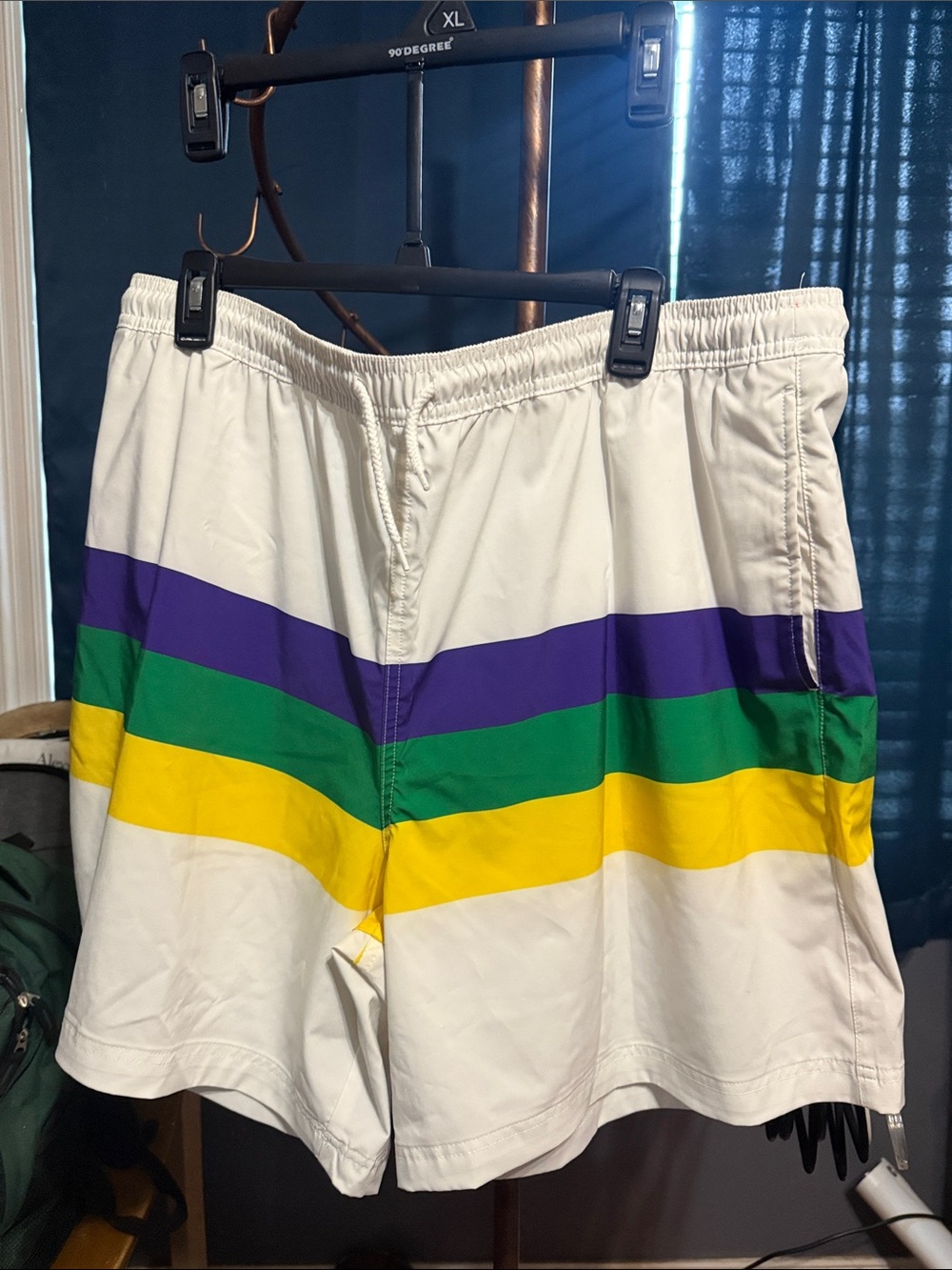 Columbia White Swim Trunks with Purple, Green & Yellow Stripes